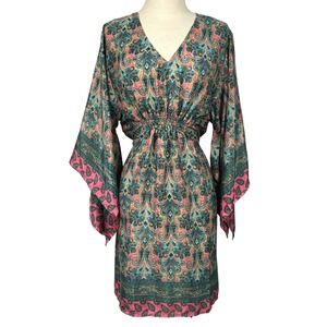 Creations Paisley Tunic Dress Free Size Boho Kimono Sleeve Tie Waist Pink Teal